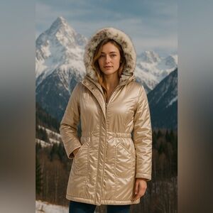 The Day Girls Women's Size Sm Rabbit Fur Lined Hooded Parka Champagne Color